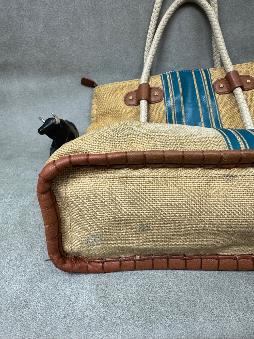 Tory Burch Tan Canvas Tote with Blue Stripe and White Rope Handles - Picture 10 of 16